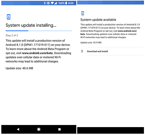 Captura de pantalla de la versión 8.1 de Android Oreo llegando al Google Pixel 2.