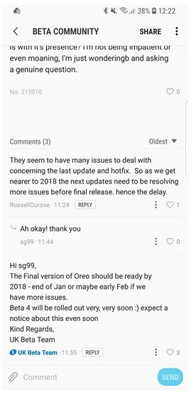 Mensaje del representante de Samsung pronosticando Android Oreo para el Galaxy S8 en 2018. 