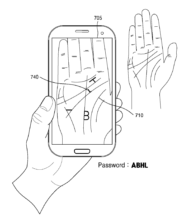 Imagen oficial e ilustrativa de la pantente de sensor de reconocimiento de palma de mano de Samsung.