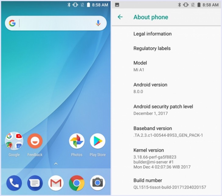 Captura de pantalla del Xiaomi Mi A1 corriendo la beta de Android 8.0 Oreo. 