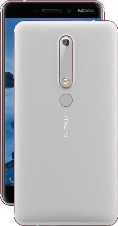 Render oficial del dorso y parte del frente del Nokia 6 (2018) color plateado.