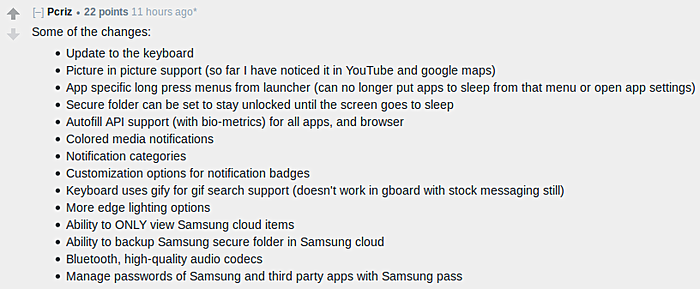 Changelog de Android 8.0.0 para el Samsung Galaxy Note 8 según el usuario "Pcriz" de Reddit.