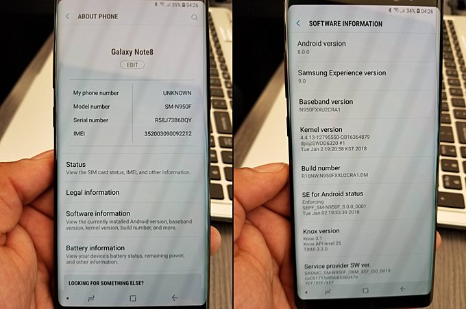 Fotografía publicada en Reddit de un Samsung Galaxy Note 8 corriendo Android Oreo.