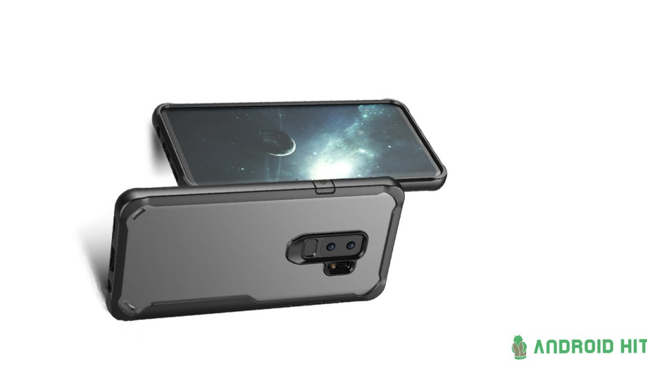 Render frontal y dorsal del Samsung Galaxy S9+ vistiendo una carcasa protectora.