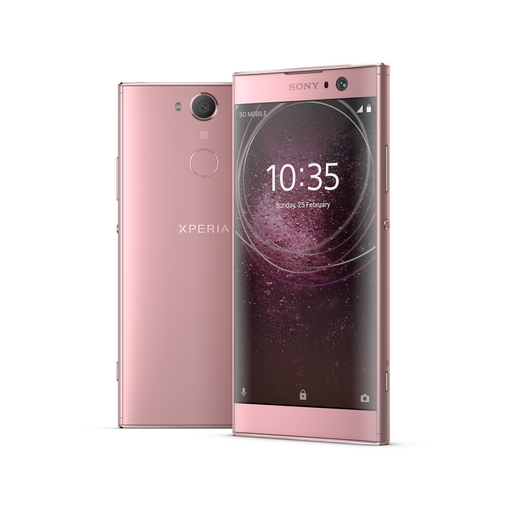 Render oficial del frente y dorso del Sony Xperia XA2 color rosa. 
