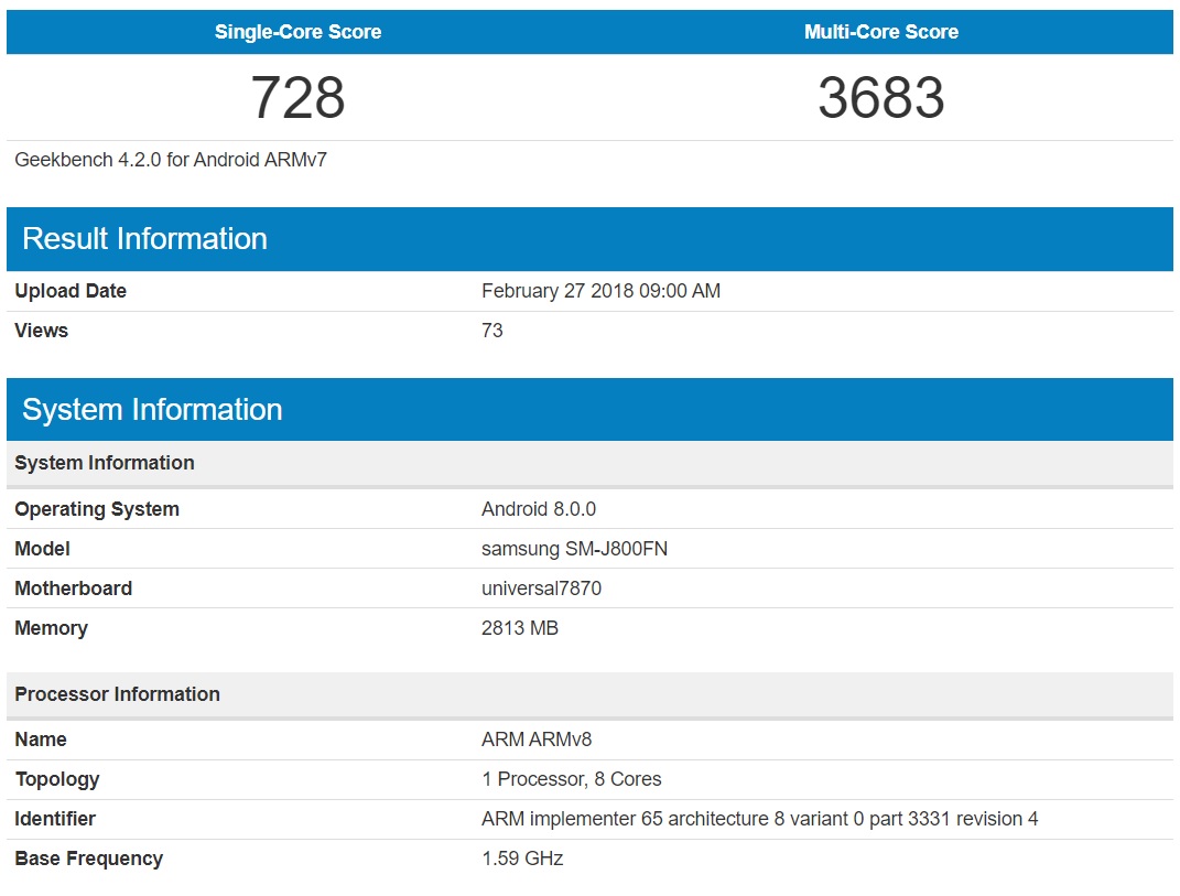 Captura de pantalla de los resultados del Samsung Galaxy J8 en su prueba de benchmarking.