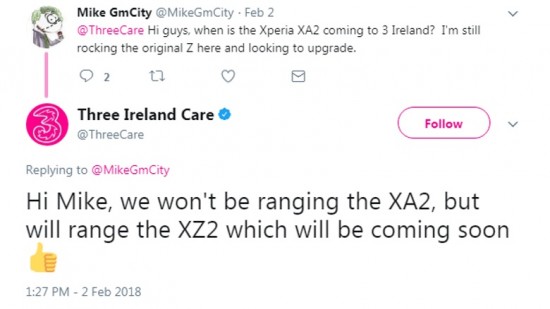 Captura de pantalla del tweet de Three Ireland confirmando la existencia del Sony Xperia XZ2. 