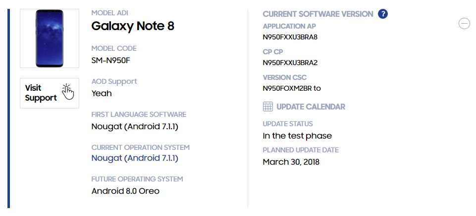 Captura de pantalla de la supuesta fecha de actualización a Oreo 8.0 del Galaxy Note 8.
