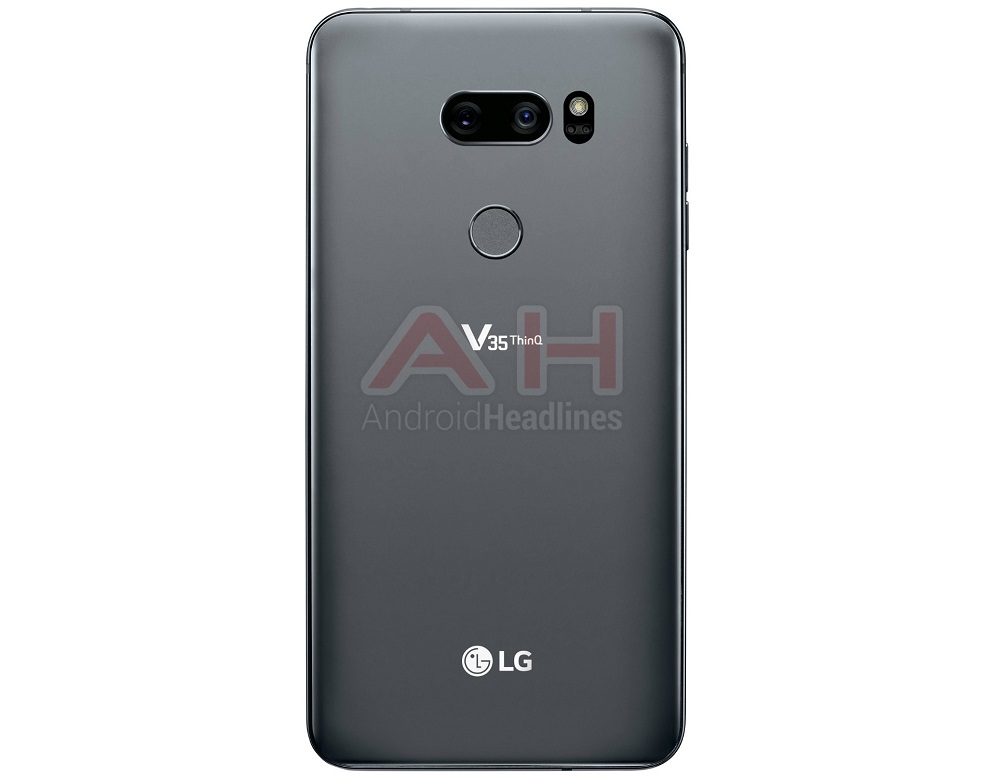 Render filtrado del dorso del LG V35 ThinQ en color "New Platinum Gray". 