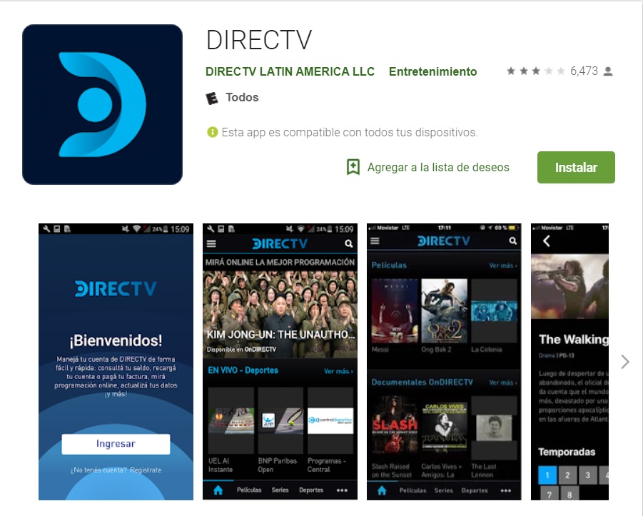 Captura de pantalla de la aplicación DirecTV en la Google Play Store.
