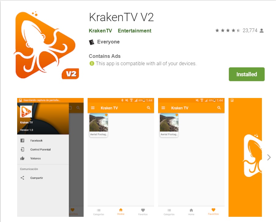 Captura de pantalla de la aplicación KrakenTV V2 en la Google Play Store.