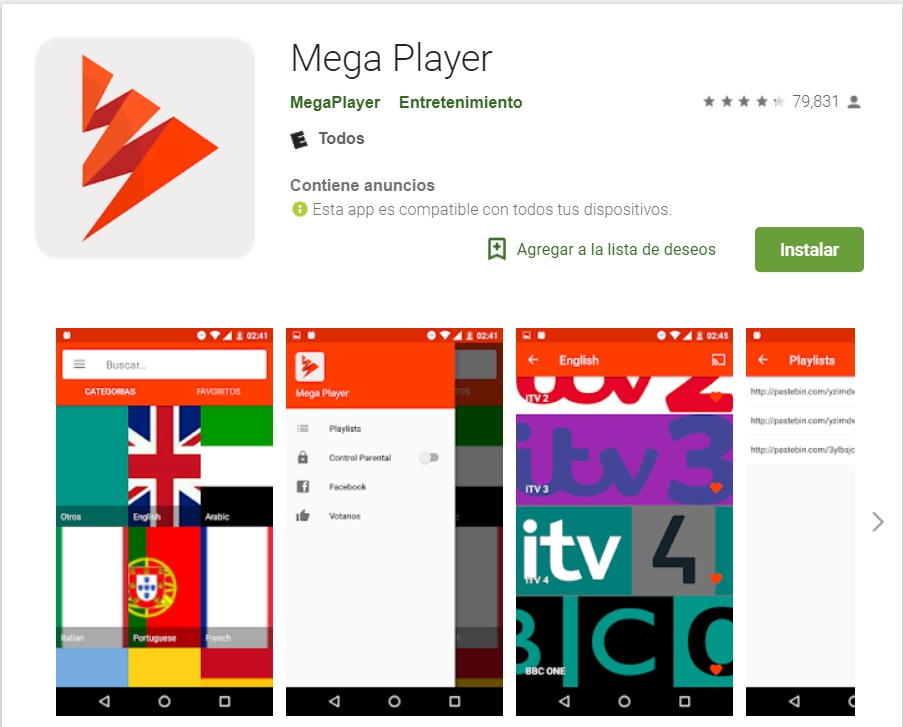 Captura de pantalla de la aplicación Mega Player en la Google Play Store.