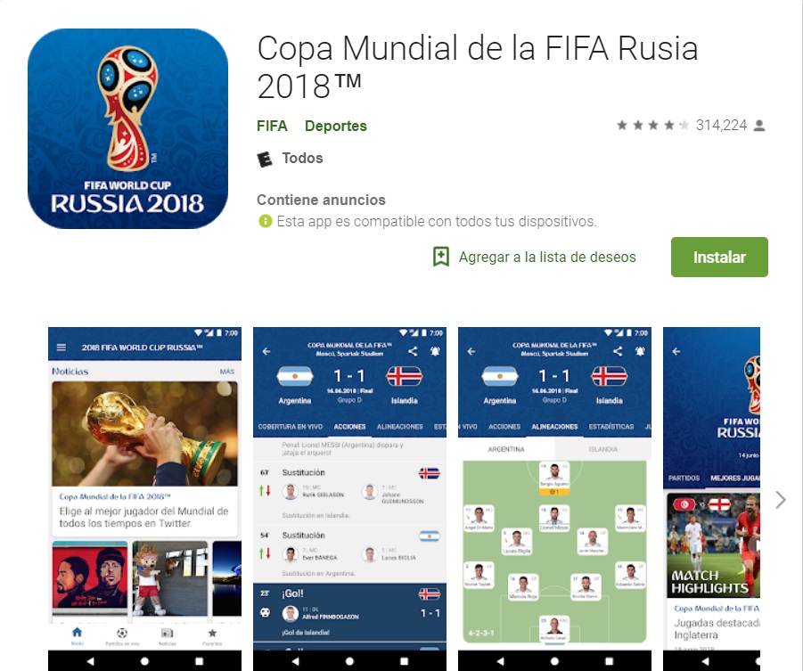 Captura de pantalla de la aplicación Copa Mundial de la FIFA Rusia 2018 en la Google Play Store.