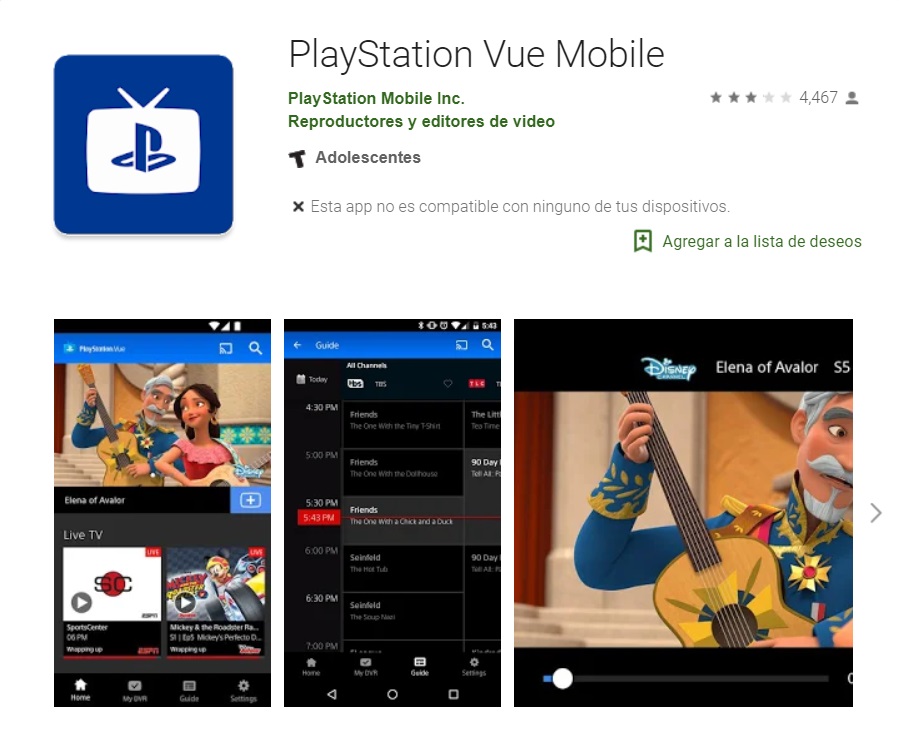 Captura de pantalla de la aplicación PlayStation Vue en la Google Play Store.