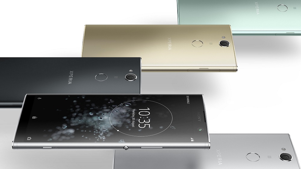 Render oficial del frente y dorso del Sony Xperia XA2 Plus en sus cuatro variantes de color.