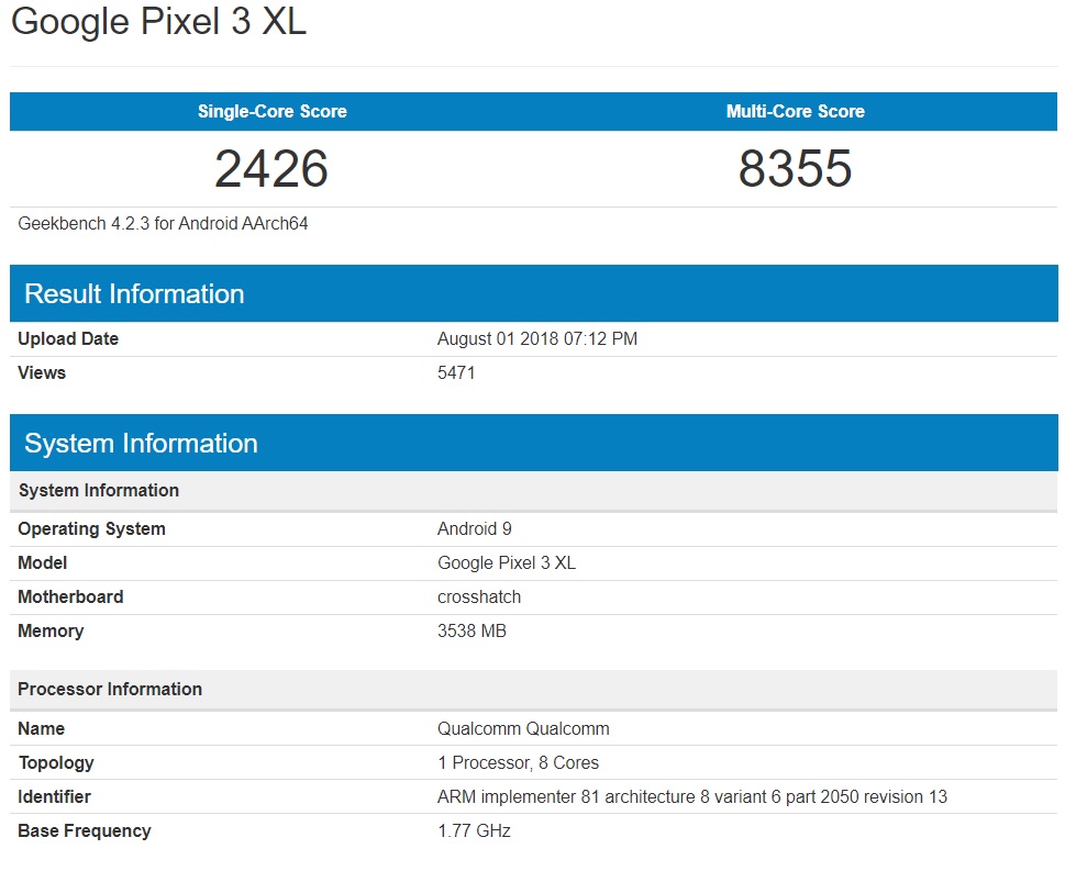 Algunas especificaciones del Google Pixel 3 XL según Geekbench. 