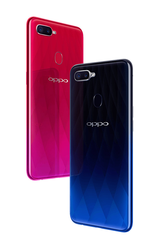 Dorso del OPPO F9 en colores "Sunrise Red" (izquierda) y "Twilight Blue" (derecha).