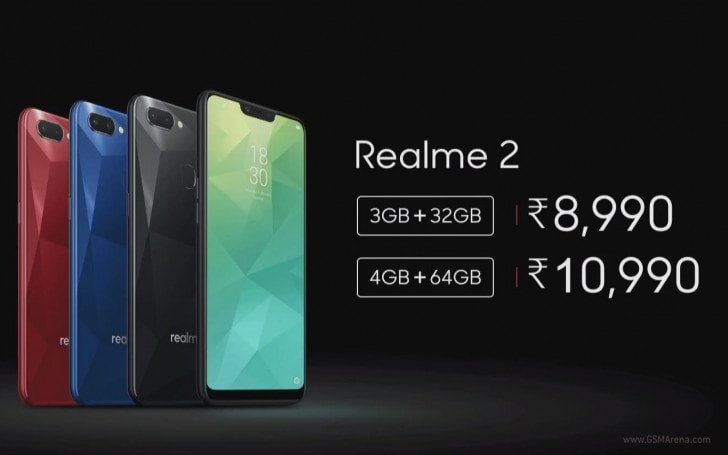 Render del OPPO Realme 2 en sus tres variantes de color y sus modelos alternativos.