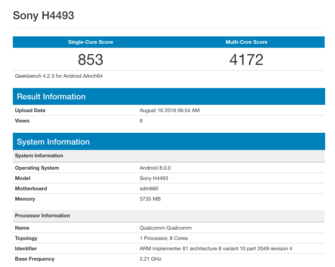 Captura de pantalla del posible Sony Xperia XA3 en el sitio Geekbench. 