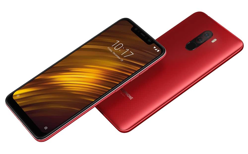 Render oficial del frente y dorso del Xiaomi POCO F1 color "Rosso Red". 