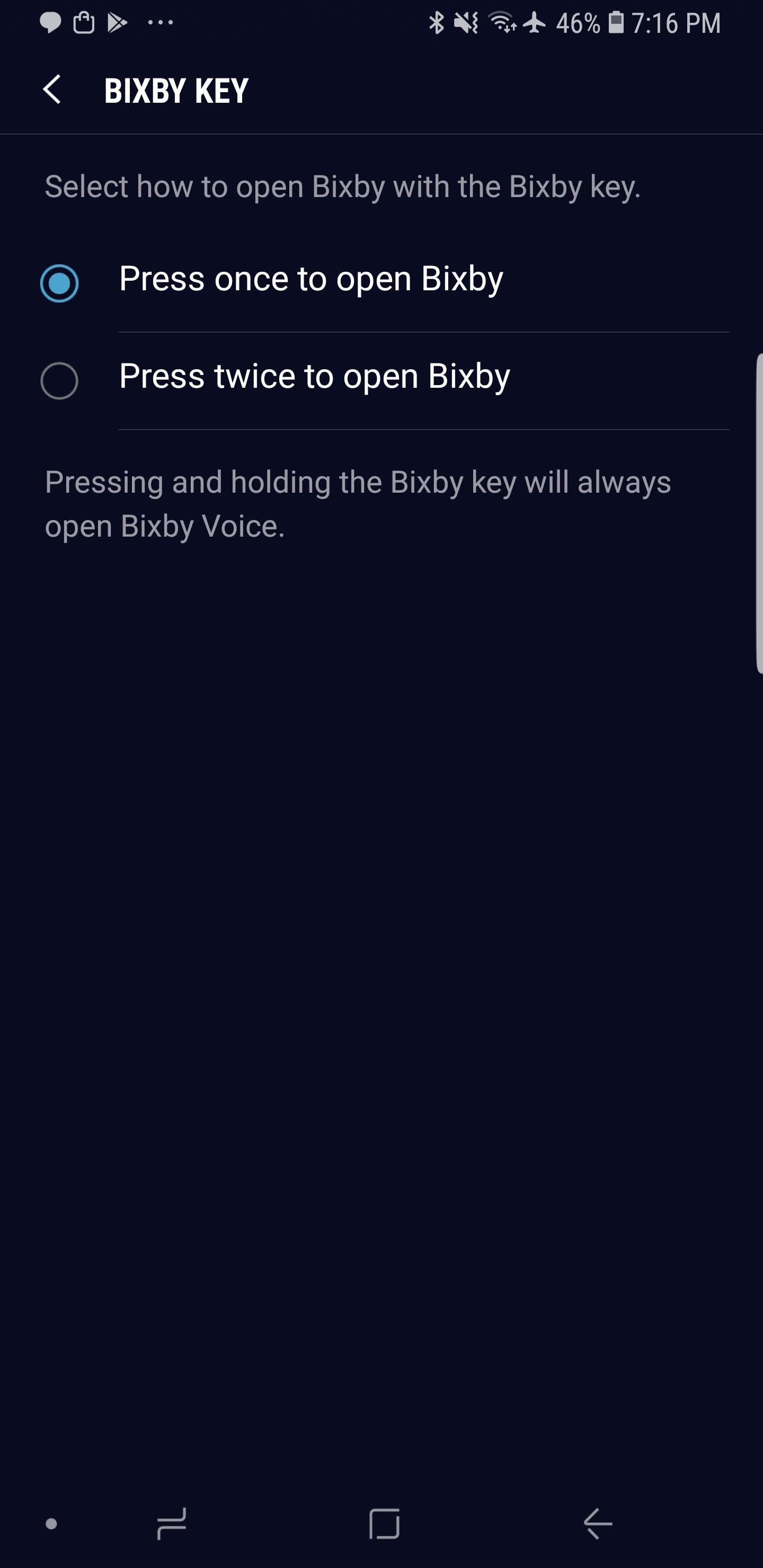 Captura de pantalla de las nuevas opciones para activar Bixby en el Samsung Galaxy Note 9.