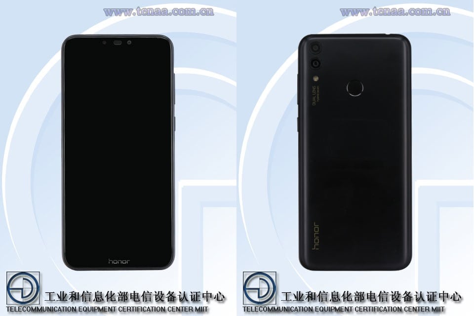 Frente y dorso del Huawei Honor 8C color negro según TENAA.