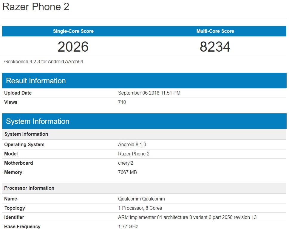 Captura de pantalla de la prueba de benchmarking del Razer Phone 2 en Geekbench.