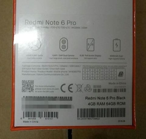 Fotografía filtrada del dorso del empaque del Xiaomi Redmi Note 6 Pro.