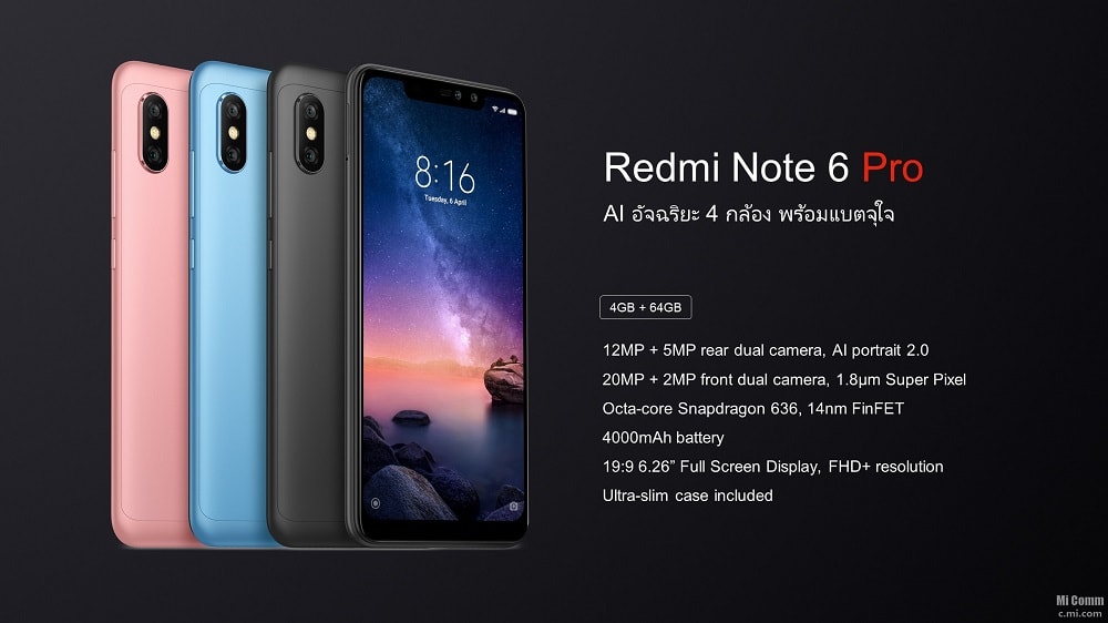 Render oficial del Xiaomi Redmi Note 6 Pro listando sus características más llamativas.