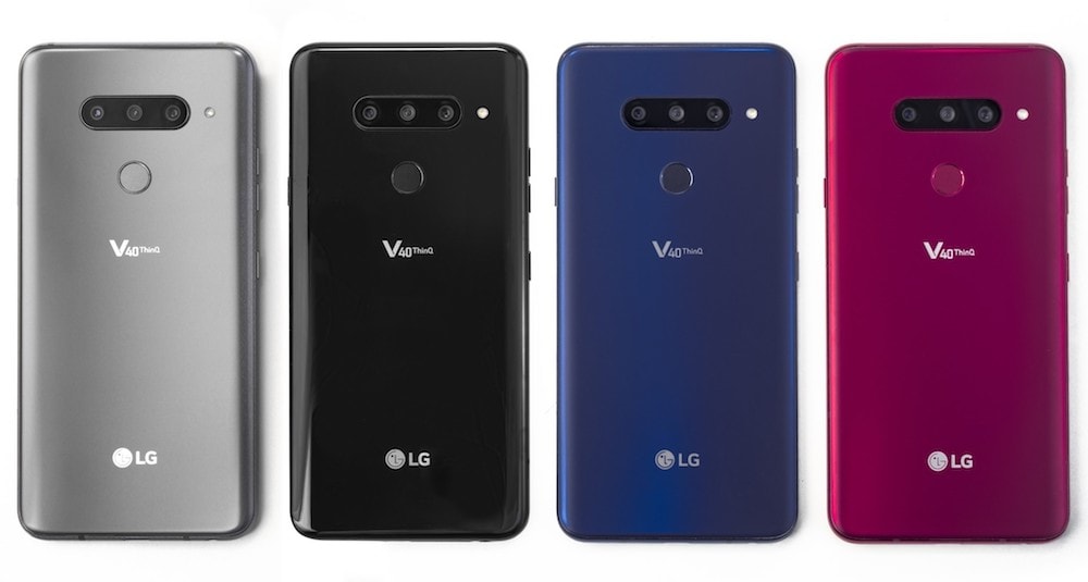 Render oficial del dorso del LG V40 ThinQ en sus cuatro variantes de color.