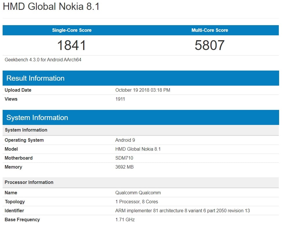 Prueba de benchmarking que hace sospechar que el Nokia 8.1 se anunciaría pronto.