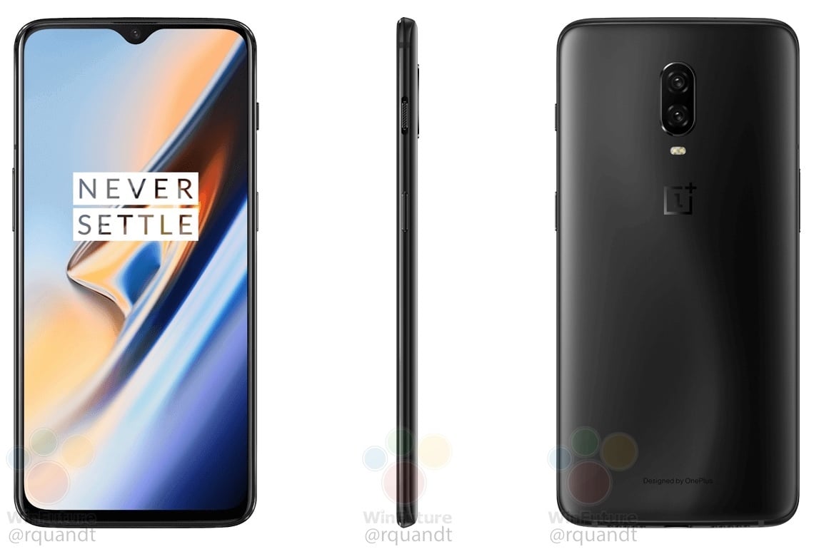 Render frontal, dorsal y lateral derecho del OnePlus 6T color "Midnight Black".