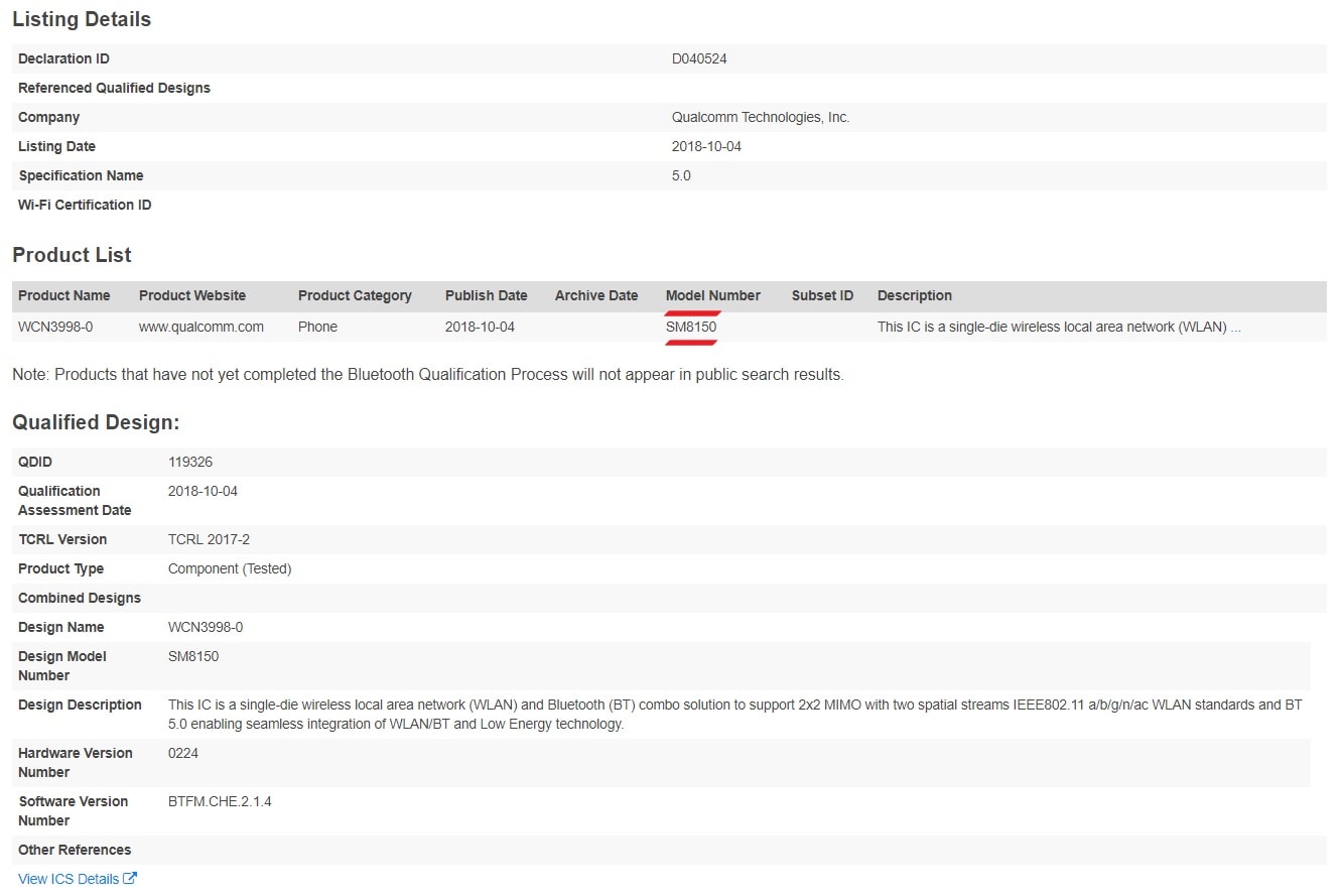 Captura de pantalla de la certificación Bluetooth del Qualcomm Snapdragon 8150.