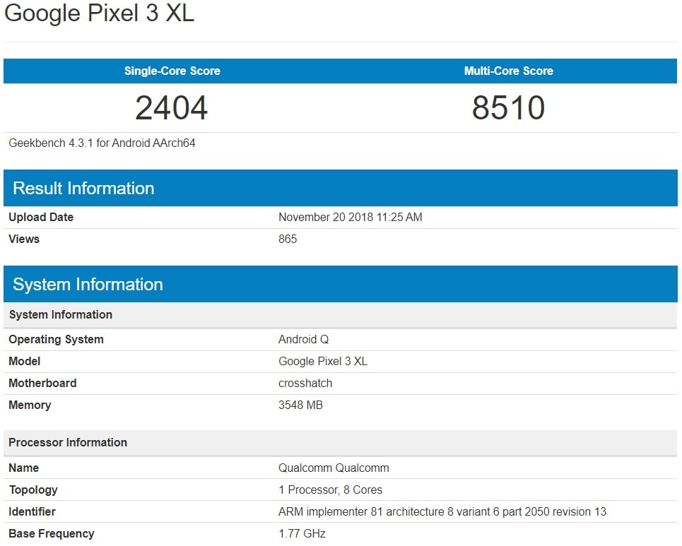 Google Pixel 3 XL aparece corriendo Android Q en un benchmark.