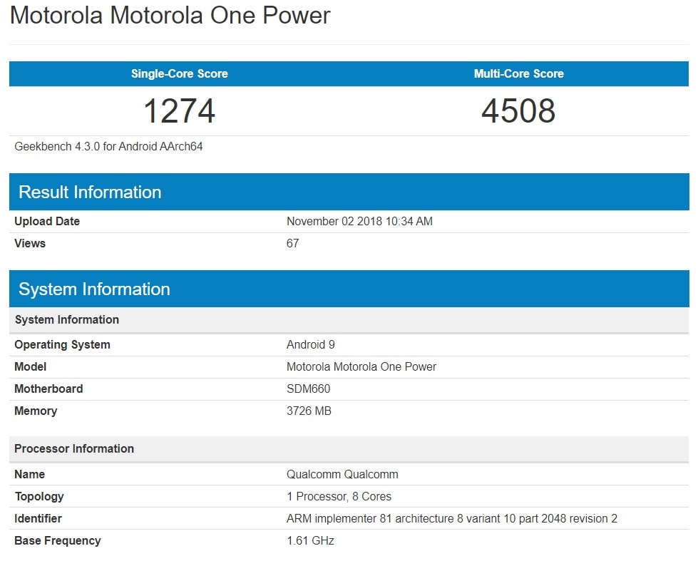 Motorola One Power recibiría pronto Android 9.0 Pie según este benchmark.