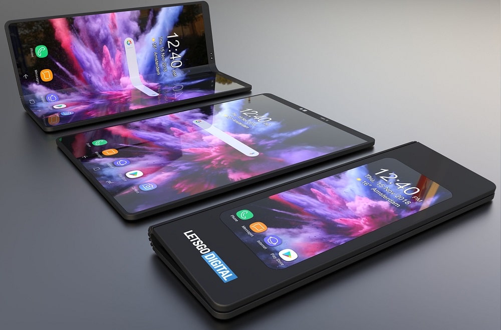 Samsung Galaxy F se muestra en render conceptual en tres posiciones diferentes.