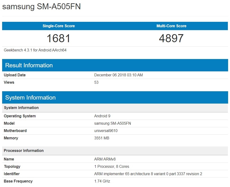 Samsung Galaxy A50 aparece en un benchmark con estas características.