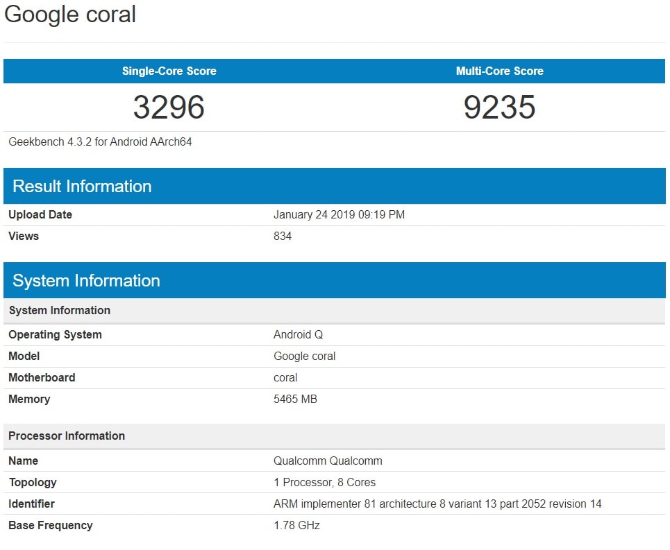 Google Coral aparece en un benchmark con un SD 855 y Android Q.