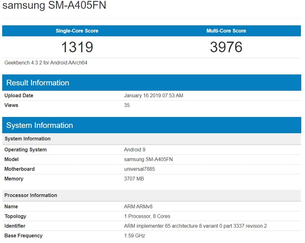 Samsung Galaxy A40 aparece en un benchmark con un procesador Exynos 7885.