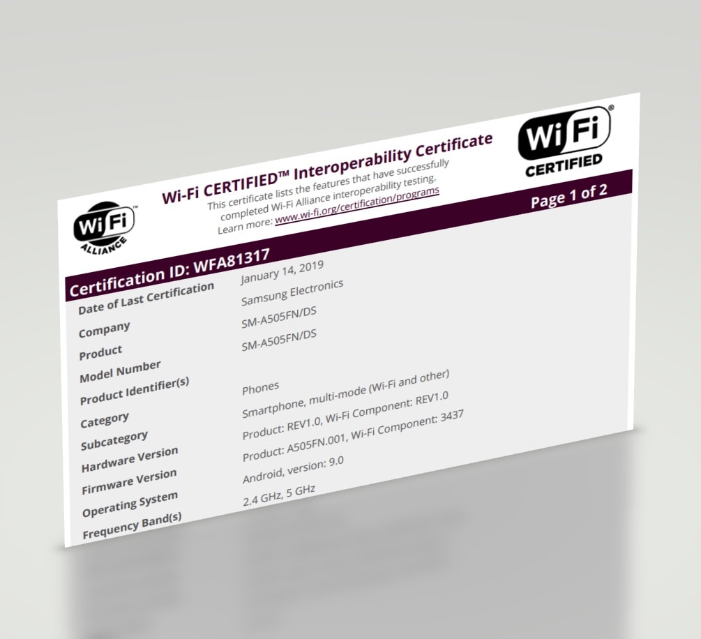 Samsung Galaxy A50 recibe su certificación Wi-Fi y pronto se anunciaría oficialmente.