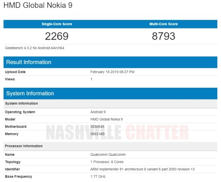 Nokia 9 PureView confirma su Snapdragon 845 en el sitio Geekbench.
