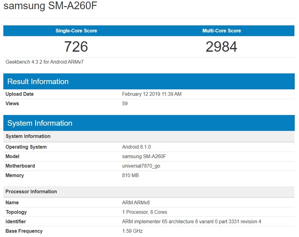 Prueba de benchmarking del Samsung Galaxy A20 corriendo Android Go.