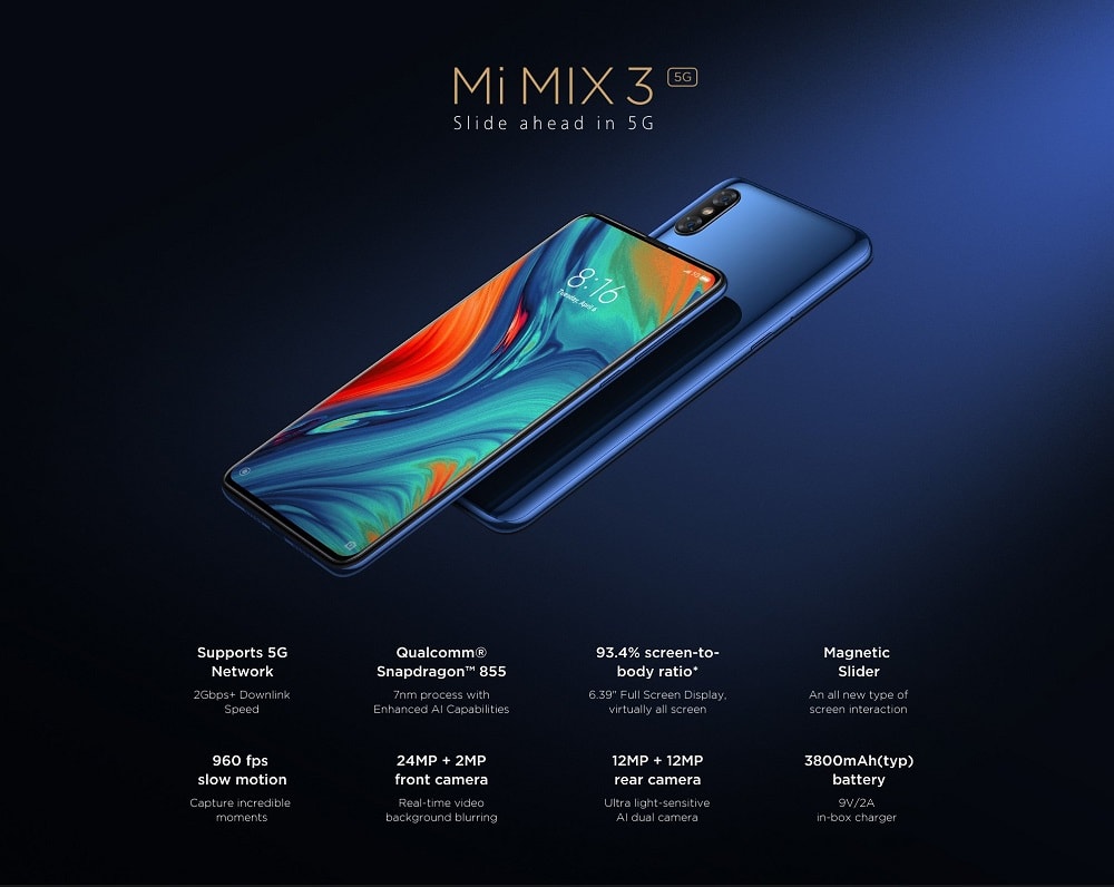 Xiaomi anuncia el Xiaomi Mi Mix 3 5G con un Snapdragon 855 y batería de 3800mAh.