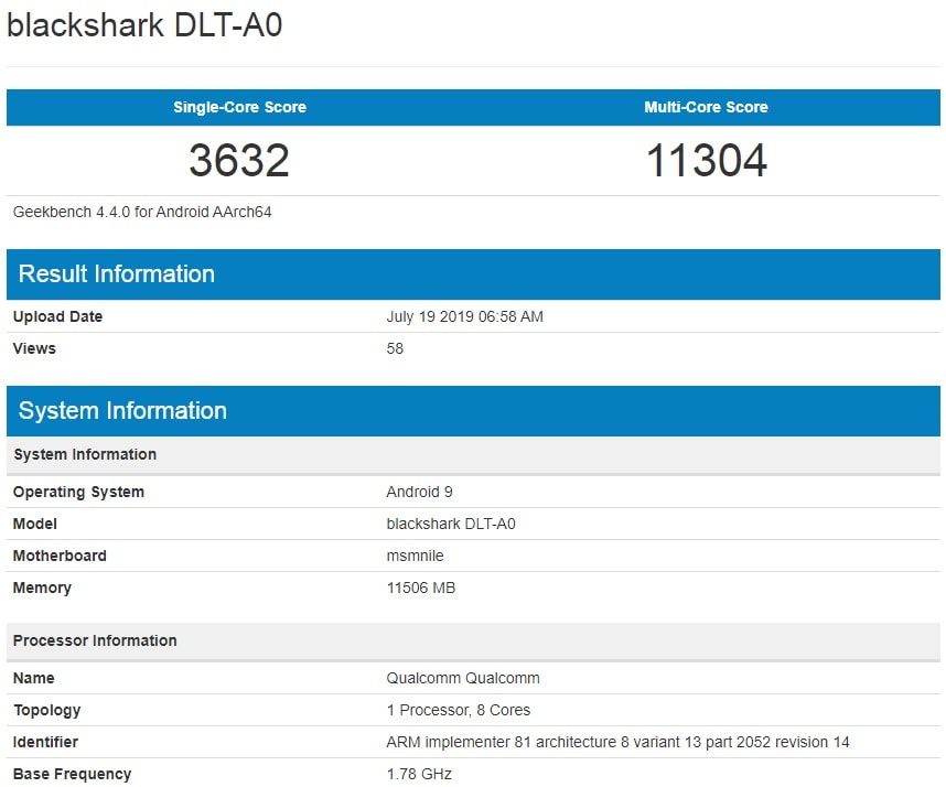 Prueba de rendimiento del Xiaomi Black Shark 2 Pro en Geekbench.