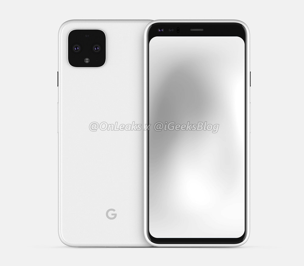 Render frontal y dorsal del Google Pixel 4 estándar color blanco.