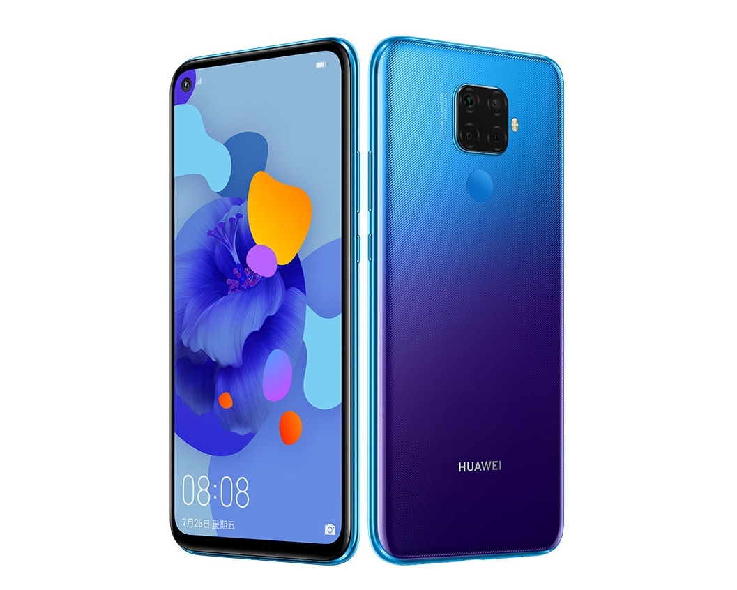 Render oficial del frente y dorso del Huawei Nova 5i Pro color Aurora Blue.