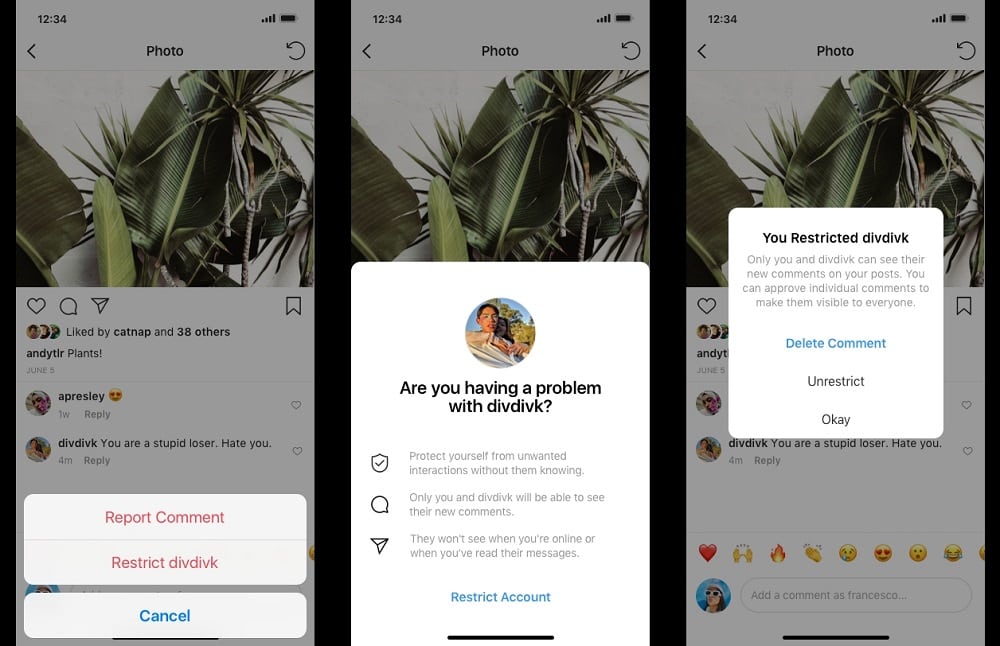 Instagram lanza la función restrict para impedir que comentarios negativos cobren tracción.