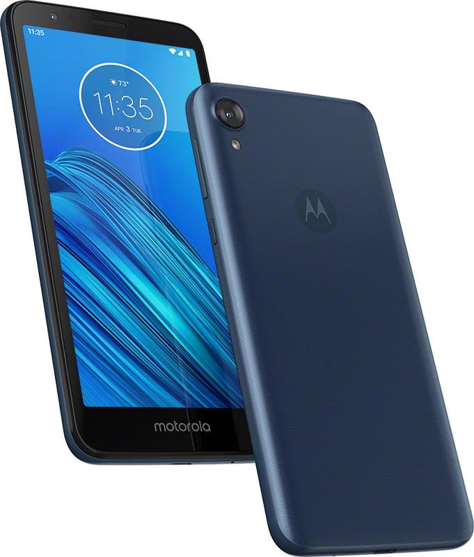 Diseño frontal y dorsal del Motorola Moto E6 color Navy Blue.