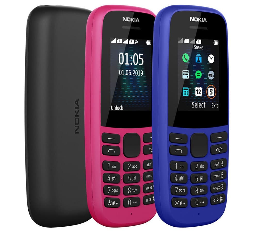 Render oficial del Nokia 105 (2019) en sus tres colores diferentes.