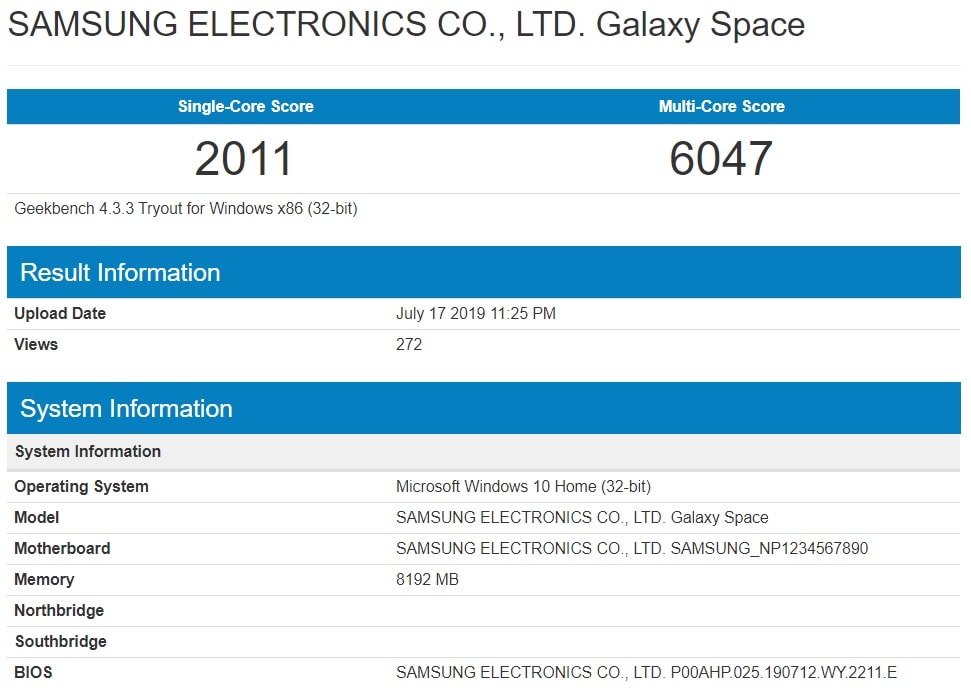 Benchmark de la Samsung Galaxy Book S en el sitio Geekbench.